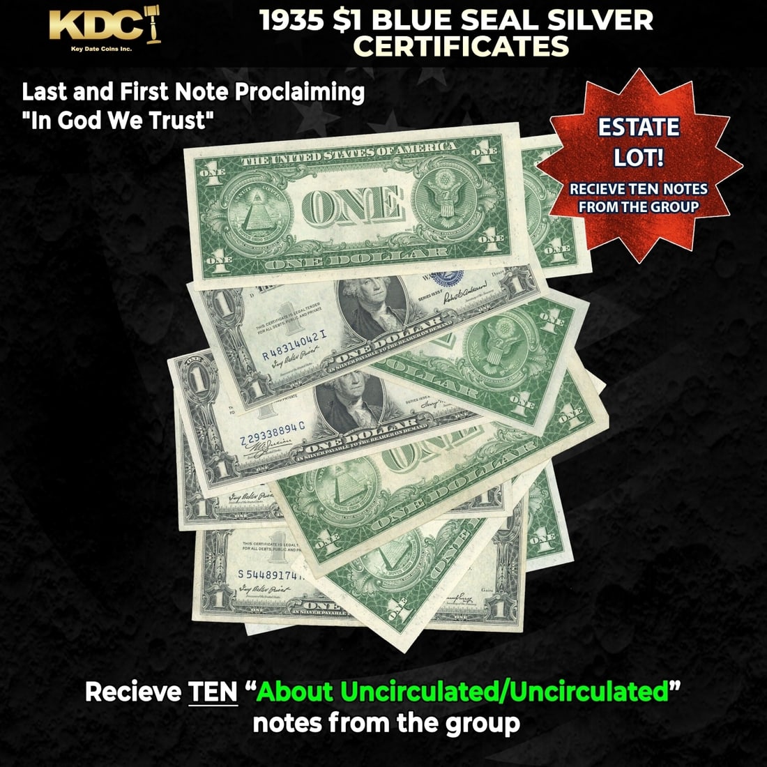 10x 1935 $1 Blue Seal Silver Certificates Grades AU/CU: 10x 1935 $1 Blue Seal Silver Certificates Grades AU/CU. Silver Certificates were redeemable in Silver. One of their most distinctive qualities is the blue Treasury seal and serial numbers. These notes