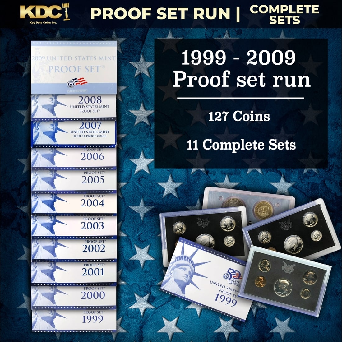 1999-2009 Full Proof Set Run - 127 Coins, 11 Sets Complete 50 State Quarters, Territories Run, & (1 of 12)