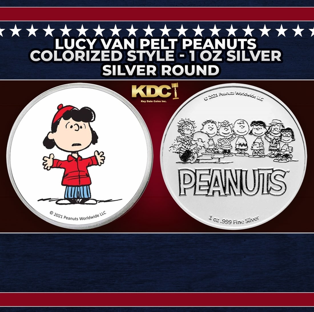 Lucy Van Pelt Peanuts Colorized Style - 1 oz Silver Round Round: Lucy Van Pelt Peanuts Colorized Style - 1 oz Silver Round. Now you can collect all of the classic Peanuts characters on these officially licensed colorized silver rounds! Contains 1oz of .999 Fine Sil