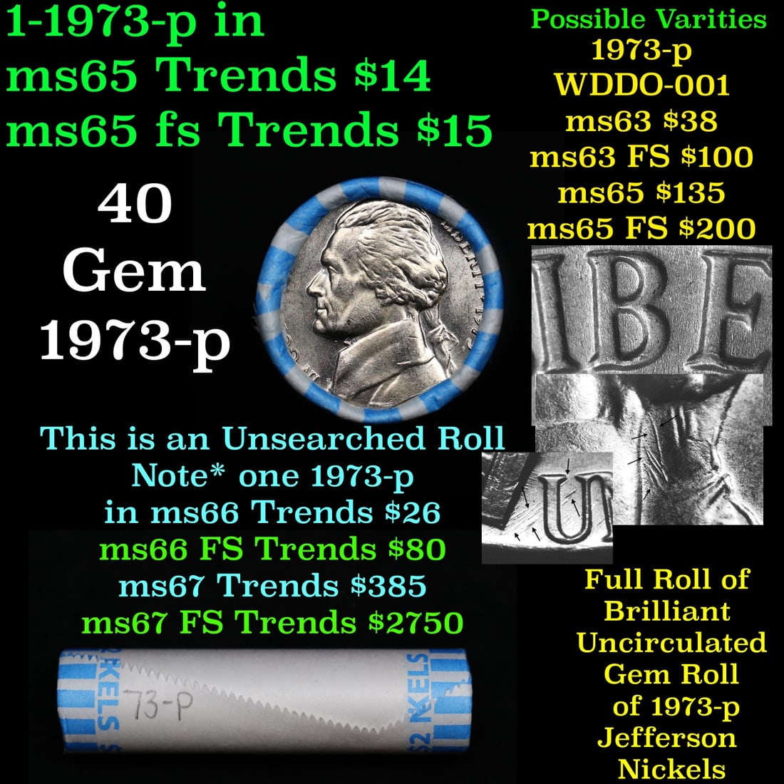 BU Shotgun Jefferson 5c roll, 1973-p 40 pcs Bank $2 Nickel Wrapper: BU Shotgun Jefferson 5c roll, 1973-p 40 pcs Bank $2 Nickel Wrapper.