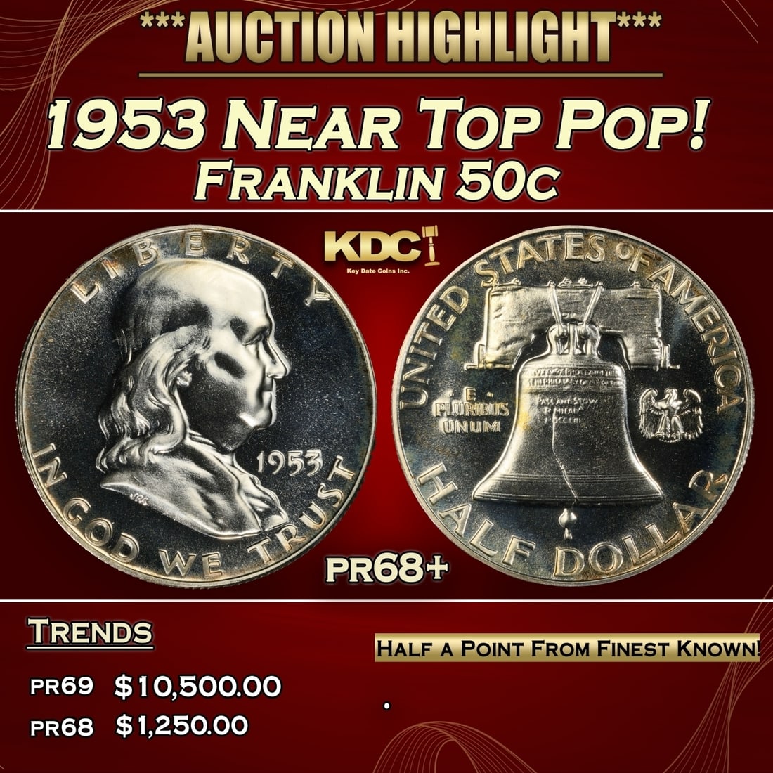 1953 Proof Franklin Half Dollar Near Top Pop! 50c pr68+ SEGS (1 of 3)