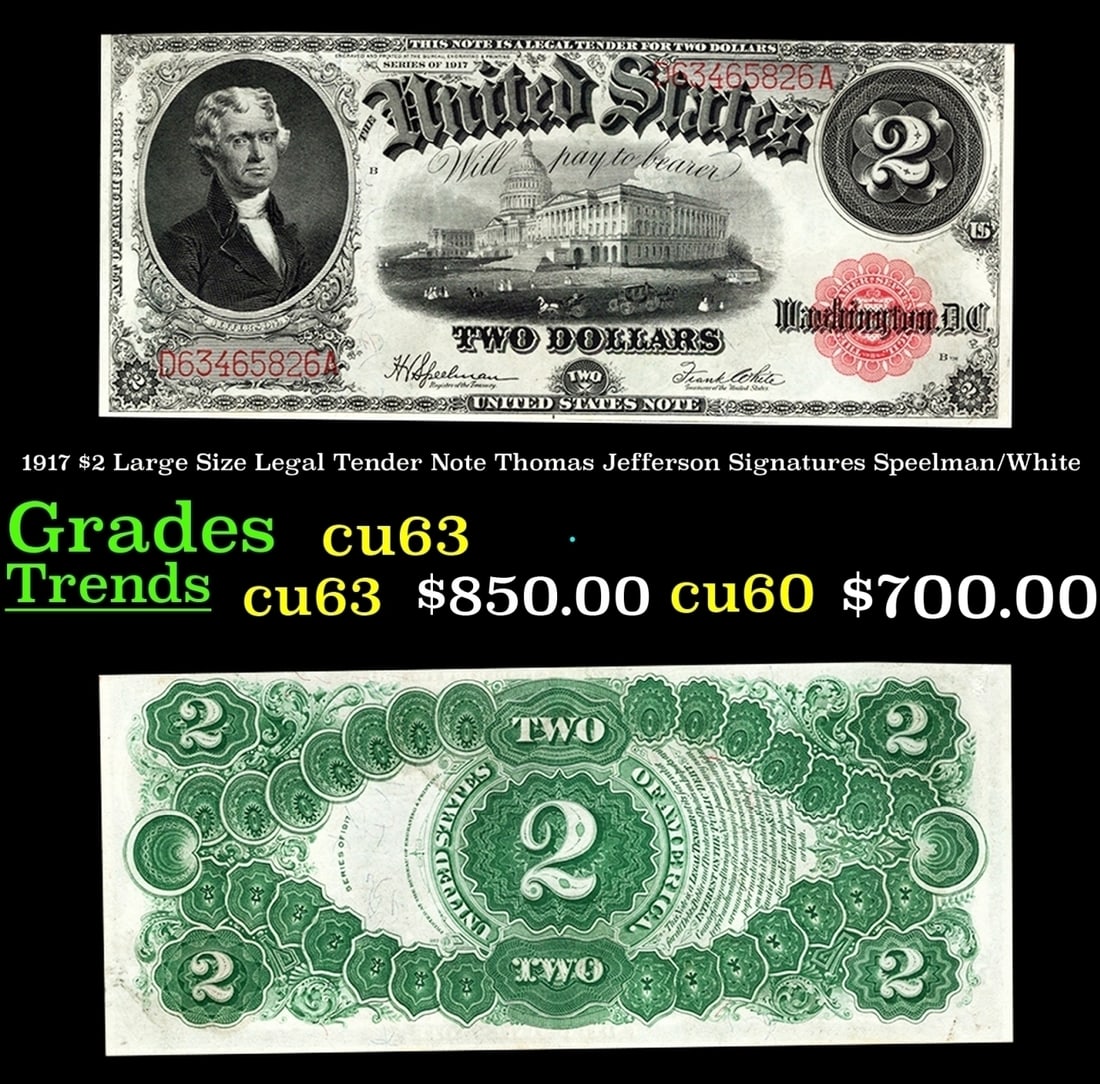 1917 $2 Large Size Legal Tender Note Thomas Jefferson Grades Select CU Signatures Speelman/White (1 of 3)