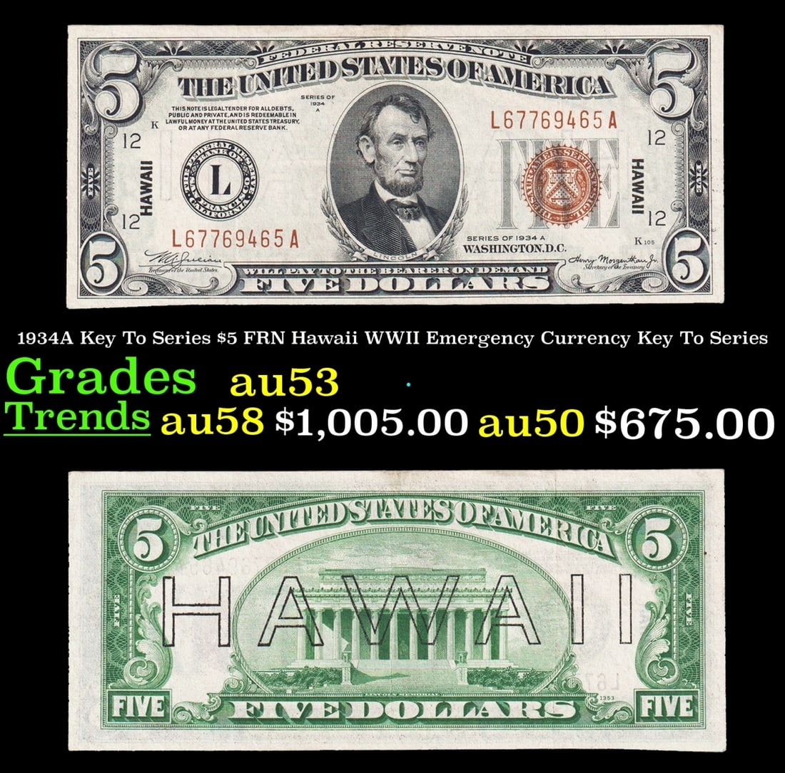 1934A $5 FRN Hawaii WWII Emergency Currency Key To Series Key To Series Grades Select AU (1 of 3)