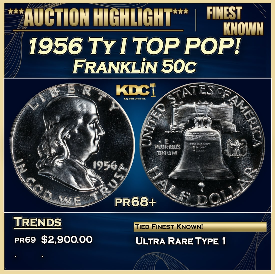 1956 Ty I Proof Franklin Half Dollar TOP POP! 50c pr68+ SEGS (1 of 4)