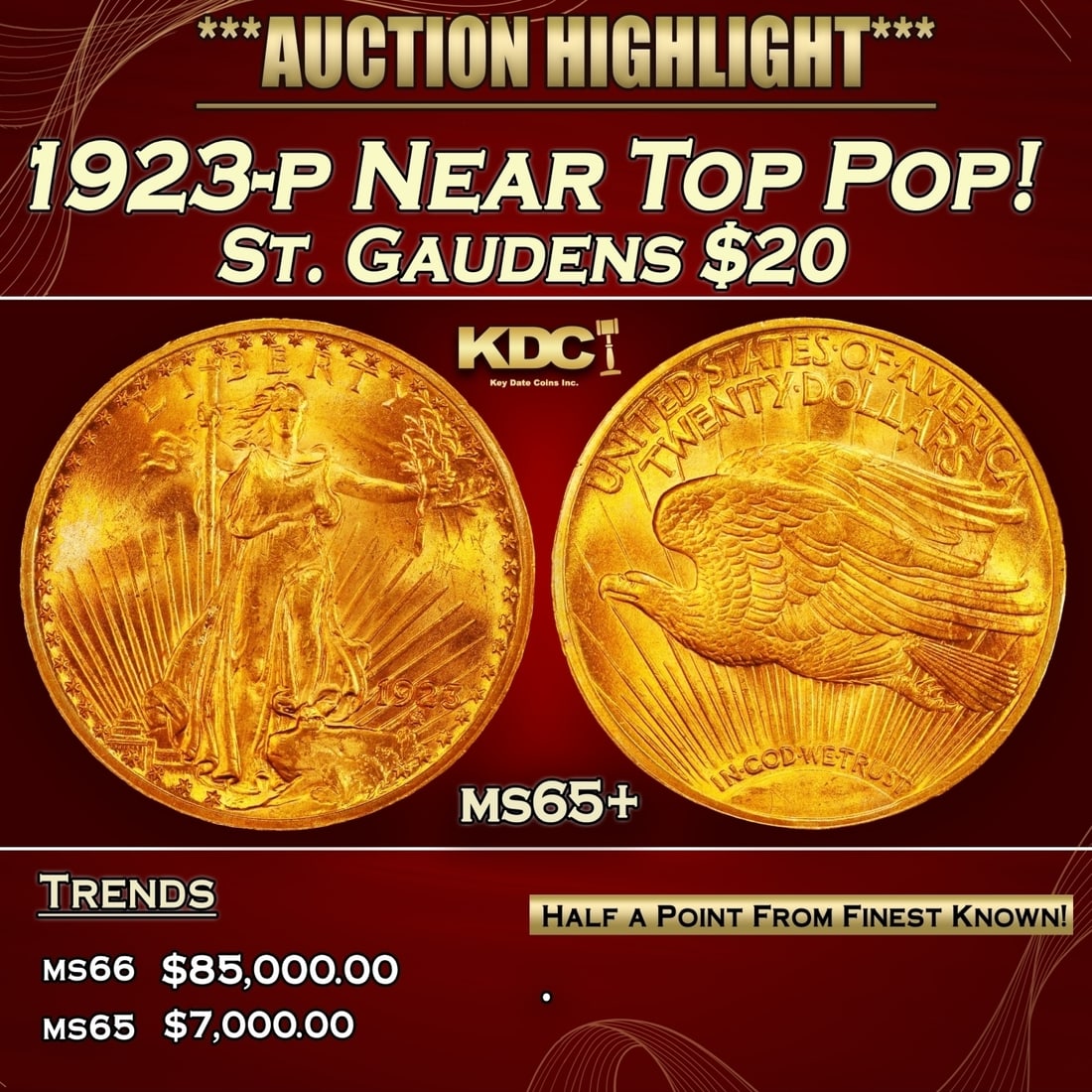 1923-p Gold St. Gaudens Double Eagle Near Top Pop! $20 ms65+ SEGS (1 of 3)