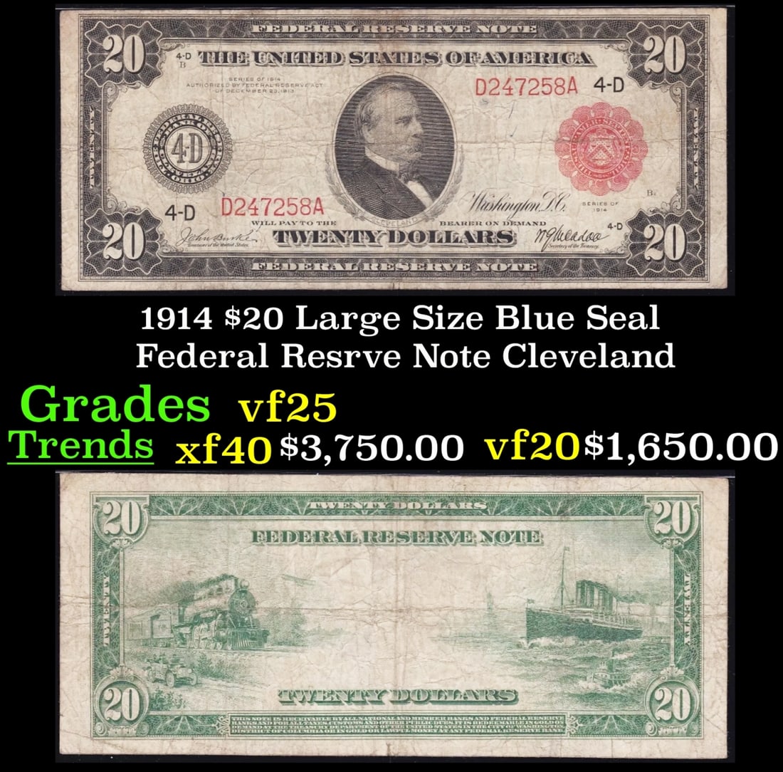 1914 $20 Large Size Blue Seal Federal Resrve Note Grades vf+ Cleveland (1 of 3)