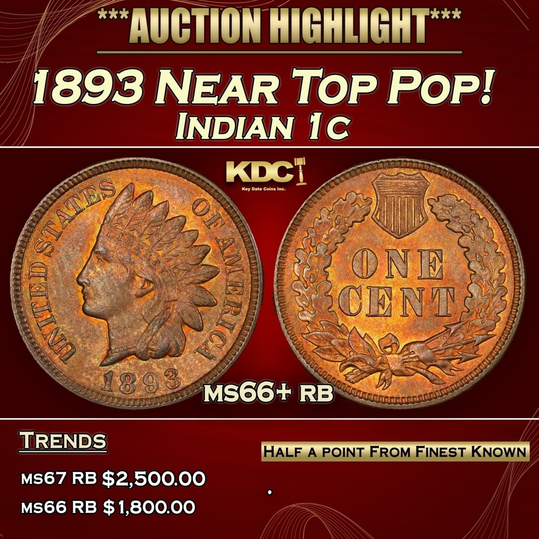 1893 Indian Cent Near Top Pop! 1c ms66+ rb SEGS (1 of 3)