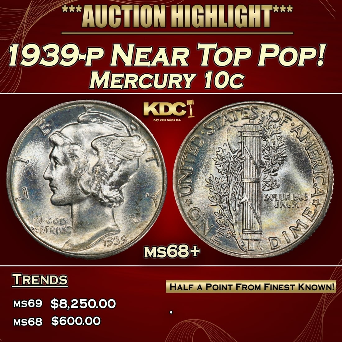1939-p Mercury Dime Near Top Pop! 10c ms68+ SEGS (1 of 3)
