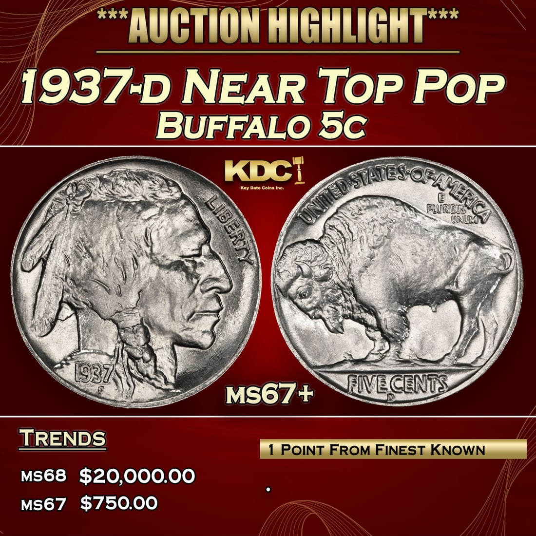 1937-d Buffalo Nickel Near Top Pop 5c ms67+ SEGS (1 of 3)