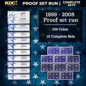 1999-2008 Proof Set Run - 109 Coins, Full 50 State Quarters Run 10 Complete Sets