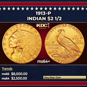 1913-p Gold Indian Quarter Eagle $2 1/2 ms64+ SEGS