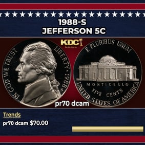 1988-s Proof Jefferson Nickel 5c pr70 dcam SEGS