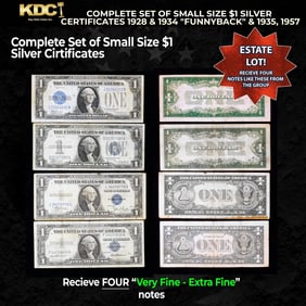 COMPLETE Set of Small Size $1 Silver Certificates 1928 & 1934 "Funnyback" & 1935, 1957 Grades VF/XF