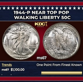 1944-p Walking Liberty Half Dollar Near Top Pop 50c ms67 SEGS