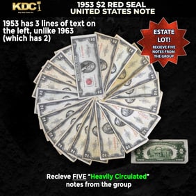 5x 1953 $2 Red Seal United States Note Heavily Circulated