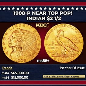 1908-p Gold Indian Quarter Eagle Near Top Pop! $2 1/2 ms66+ USCG