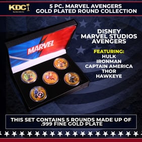 5 Coin Gold Plated Marvel Avengers Superhero Set Includes Hulk, Iron Man, Hawkeye, Thor, & Captain