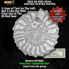 15x 1963 $5 Red Seal United States Note Grades VF/XF