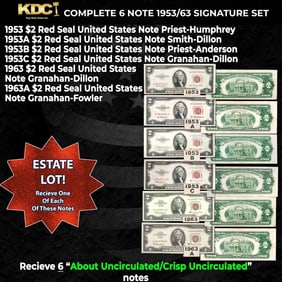 Complete 1953/63 $2 Red Seal United States Note Signature Set 1953, 1953a, 1953b. 1953c, 1963, 1963A