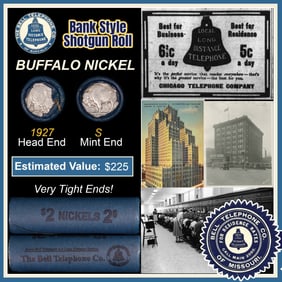 Buffalo Nickel Shotgun Roll in Old Bank Style 'Bell Telephone' Wrapper 1927 & S Mint Ends