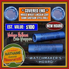 NEW! *Watchmaker's Hoard* Original Covered End Nathans Mixed Lincoln Wheat Cent Roll 1c 50 Coins
