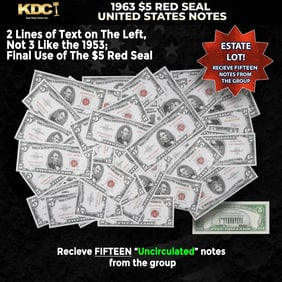 15x 1963 $5 Red Seal United States Note Grades CU