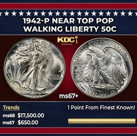 1942-p Walking Liberty Half Dollar Near Top Pop 50c ms67+ SEGS