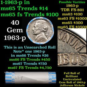BU Shotgun Jefferson 5c roll, 1963-p 40 pcs Bank $2 Nickel Wrapper