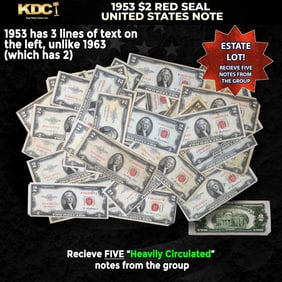 5x 1953 $2 Red Seal United States Note Heavily Circulated