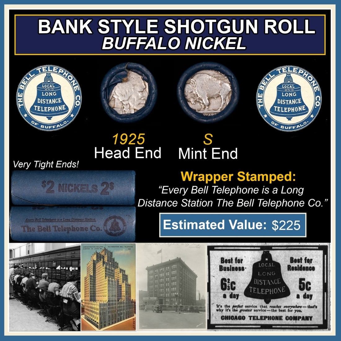 Buffalo Nickel Shotgun Roll in Old Bank Style 'Bell Telephone' Wrapper 1925 & S Mint Ends: Buffalo Nickel Shotgun Roll in Old Bank Style 'Bell Telephone' Wrapper 1925 & S Mint Ends. The roll is held in an old, rare "Bell Telephone Co." Bank style wrapper. This is the Bell Telephone logo fro