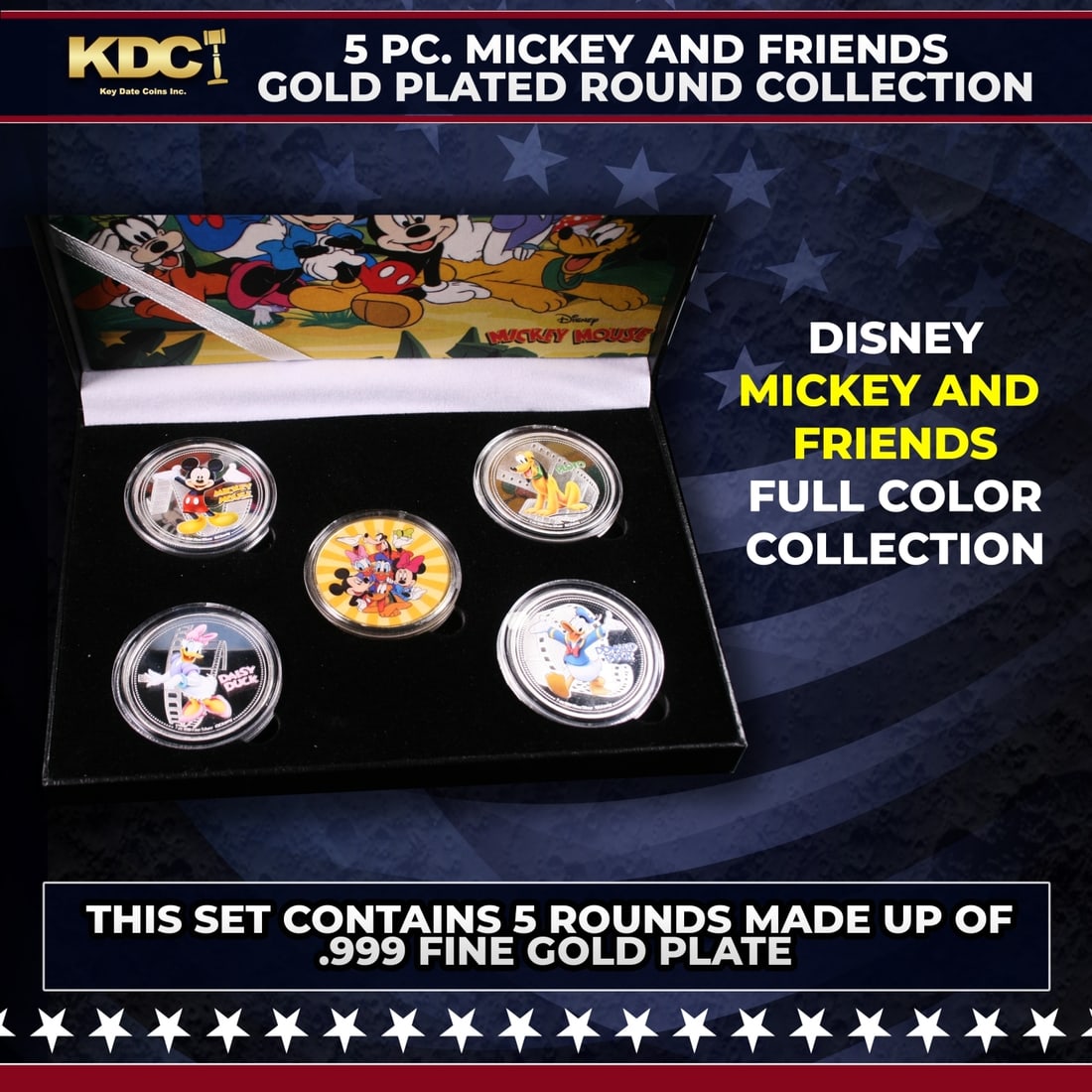 5 Coin Disney Mickey and Friends Full Color Gold Plated Round Collection: 5 Coin Disney Mickey and Friends Full Color Gold Plated Round Collection.