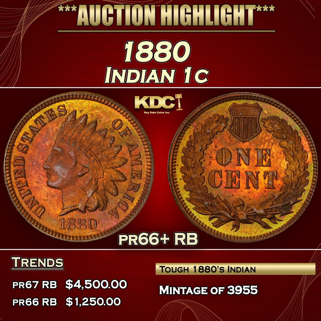 1880 Proof Indian Cent 1c pr66+ RB SEGS (1 of 3)