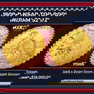 1909-p Gold Indian Quarter Eagle Near Top Pop! $2 1/2 ms66 USCG: 1909-p Near Top Pop! Gold Indian Quarter Eagle $2 1/2 ms66 USCG. The sunken relief of Bela Lyon Pratt's Indian quarter eagle design was a first on circulating U.S. coinage. The design lacked a protect
