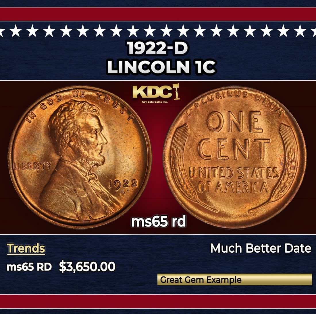 1922-d Lincoln Cent 1c ms65 rd SEGS (1 of 3)