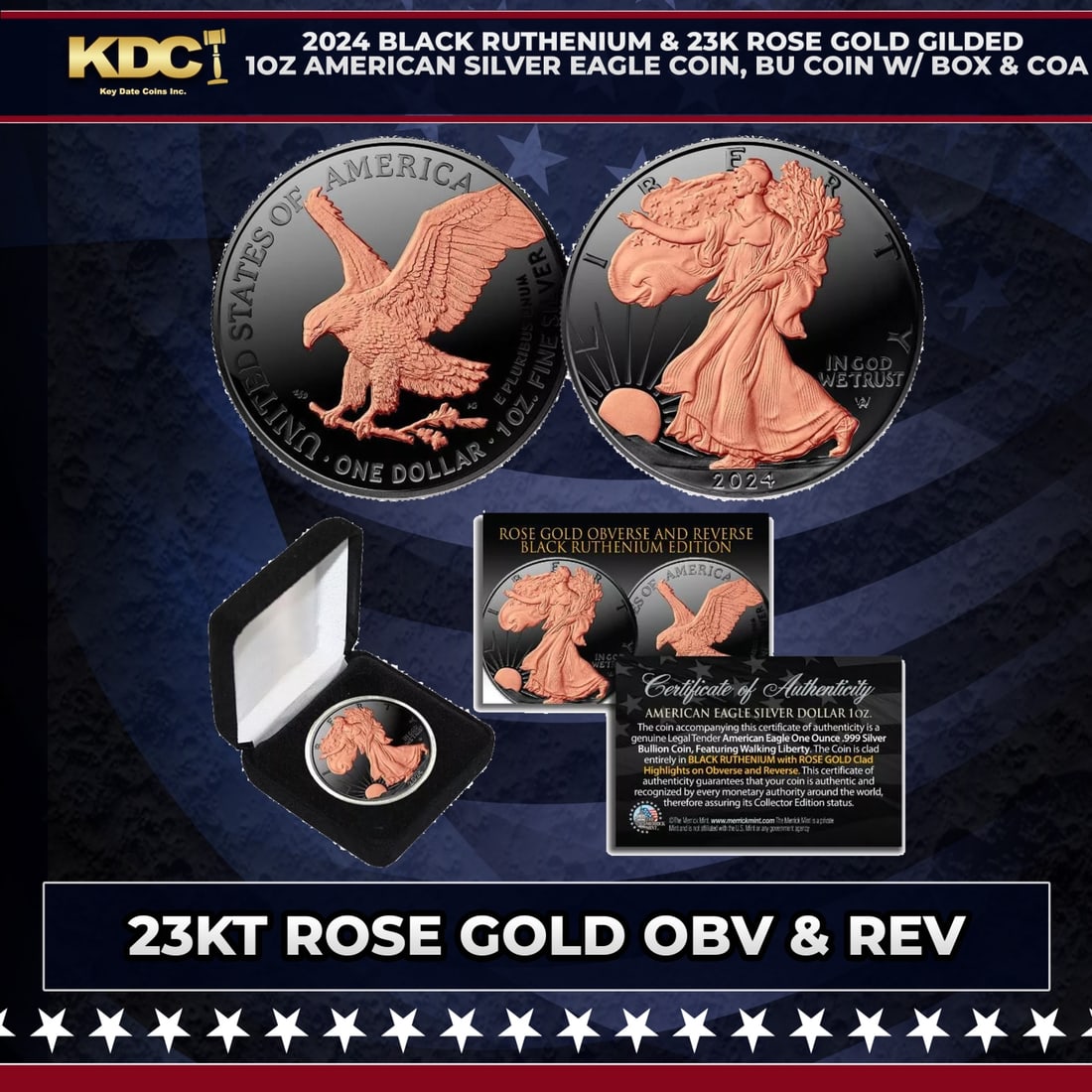 2024 Black Ruthenium & 23K Rose Gold Gilded 1oz American Silver Eagle Coin, BU Coin w/ Box & COA (1 of 3)