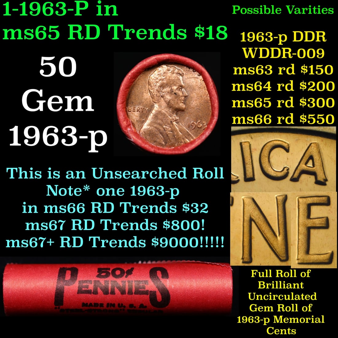 BU Shotgun Lincoln 1c roll, 1963-p 50 pcs Bank Wrapper 50c (1 of 4)