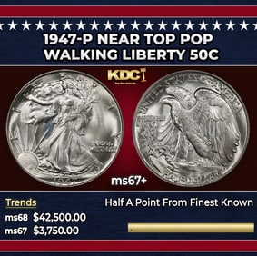 1947-p Walking Liberty Half Dollar Near Top Pop 50c ms67+ SEGS