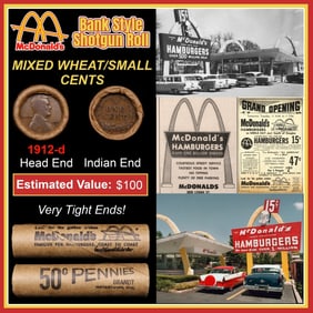 Lincoln Wheat Cent 1c Mixed Roll Orig Brandt McDonalds Wrapper, 1912-d end, Indian other end