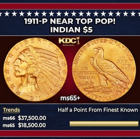 1911-p Gold Indian Half Eagle Near Top Pop! $5 ms65+ USCG