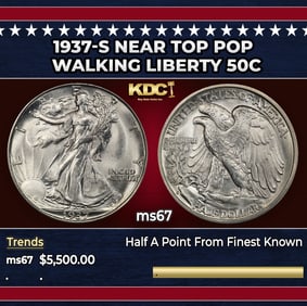 1937-s Walking Liberty Half Dollar Near Top Pop 50c ms67 SEGS