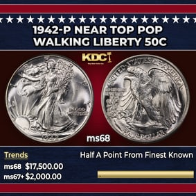 1942-p Walking Liberty Half Dollar Near Top Pop 50c ms68 SEGS