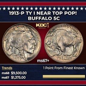 1913-p Ty I Buffalo Nickel Near Top Pop! 5c ms67+ SEGS
