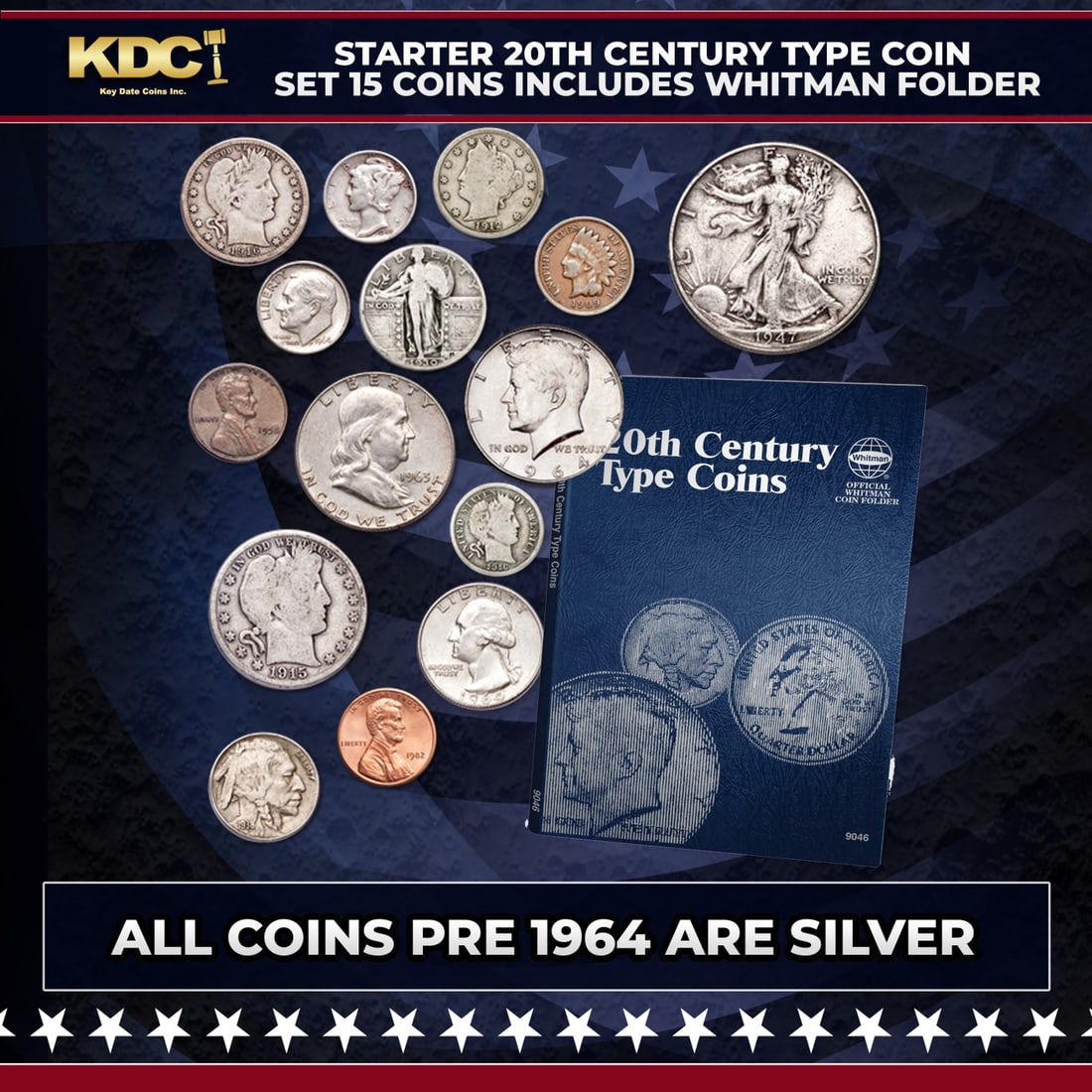 Starter 20th Century Type Coin Set 15 Coins Includes Whitman Folder (1 of 1)