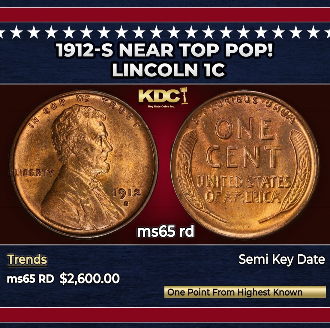 1912-s Lincoln Cent Near Top Pop! 1c ms65 rd SEGS (1 of 3)