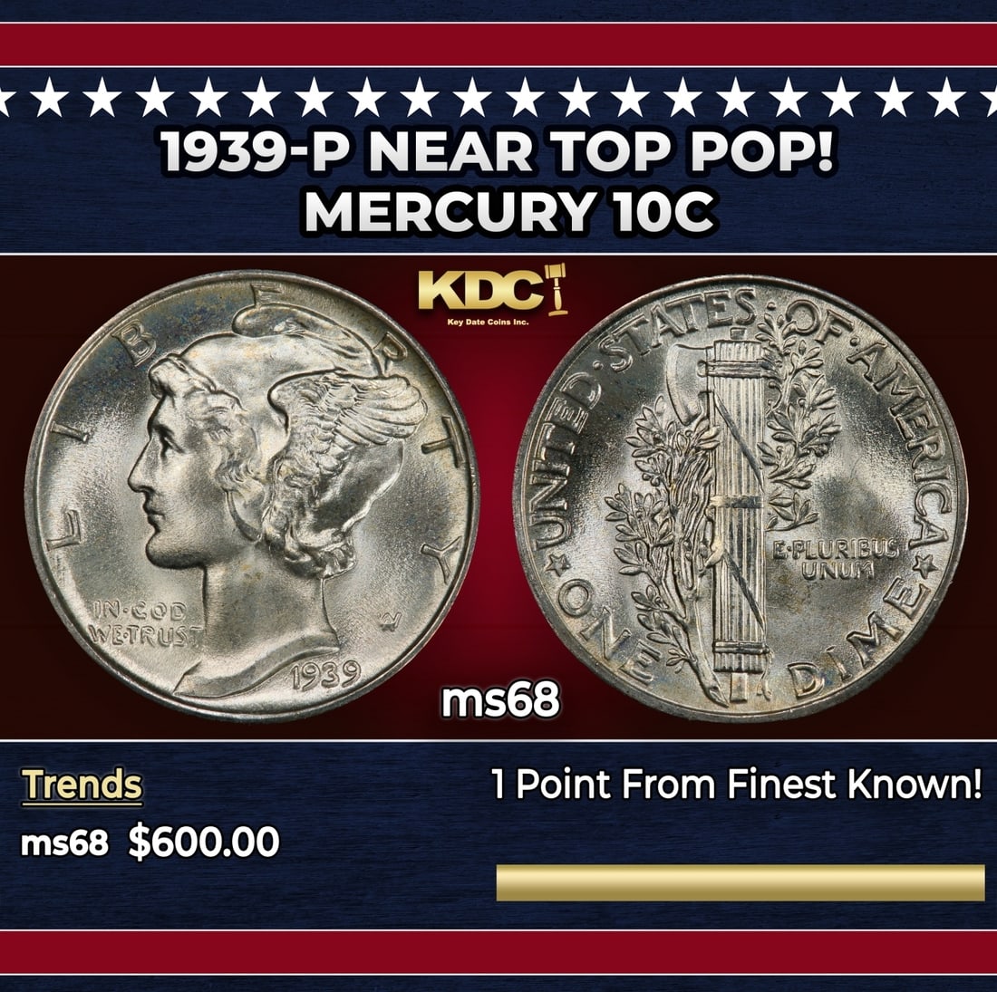1939-p Mercury Dime Near Top Pop! 10c ms68 SEGS (1 of 3)