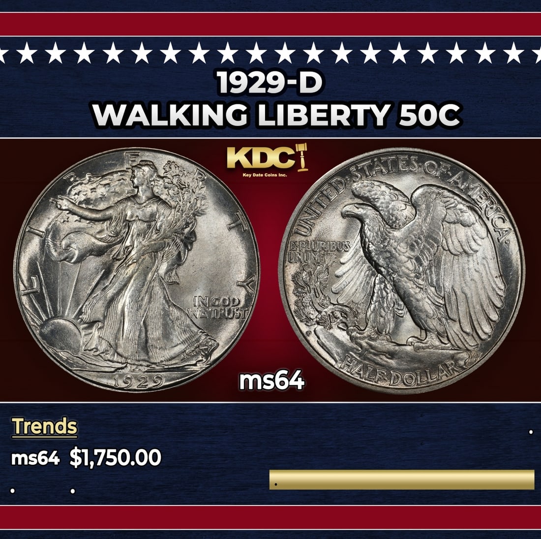 1929-d Walking Liberty Half Dollar 50c ms64 SEGS (1 of 3)