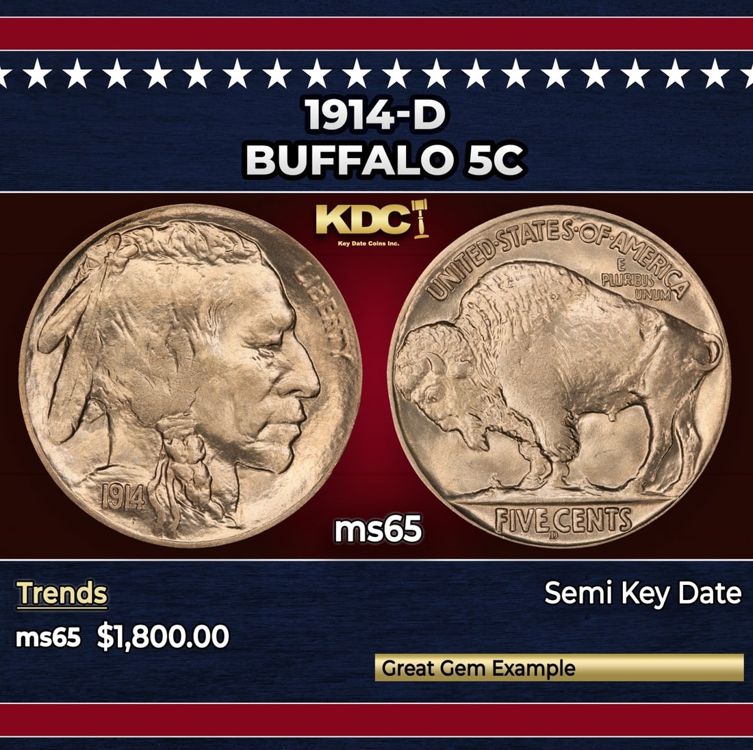 1914-d Buffalo Nickel 5c ms65 SEGS (1 of 3)
