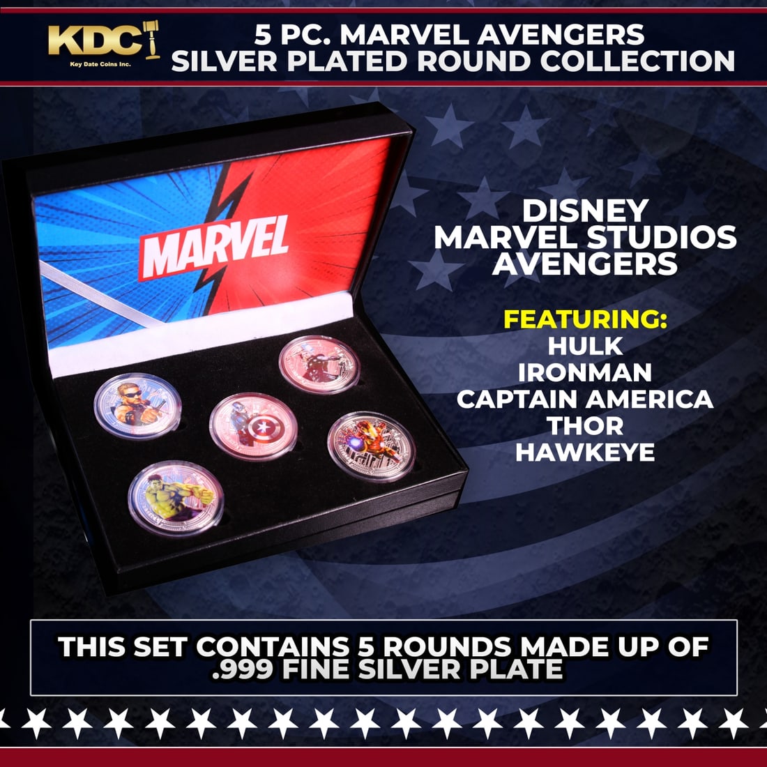 5 Coin Silver Plated Marvel Avengers Superhero Set Includes Hulk, Iron Man, Hawkeye, Thor, & Captain (1 of 2)