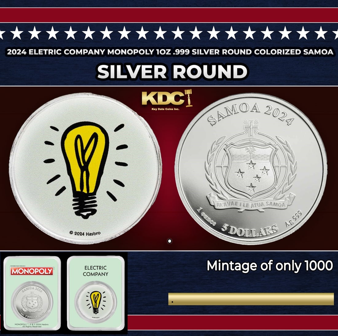 2024 Eletric Company Monopoly 1oz .999 Silver Round Colorized Samoa Round (1 of 5)