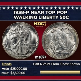 1938-p Walking Liberty Half Dollar Near Top Pop 50c ms67+ SEGS